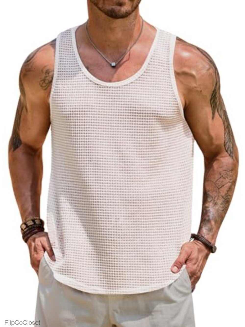 Mens Hollow Out Mesh Tank Top Sleeveless Waffle Knit Summer Beach Shirt